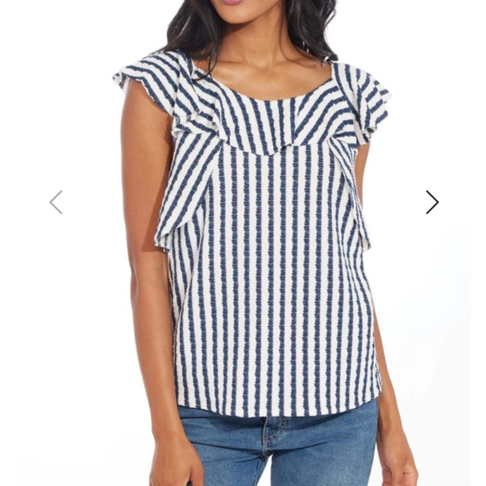 EVA FRANCO Anthropologie Keely Textured Navy Blue Stripe Top | XS